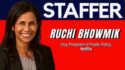 Ruchi Bhowmik with red and blue staffer background graphic.