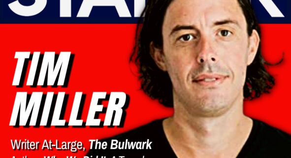 Tim Miller infront of red and blue staffer background.
