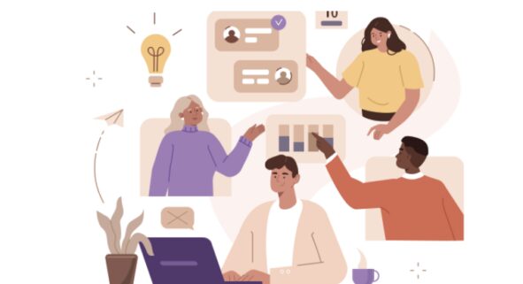 People collaborating, working and light bulbs