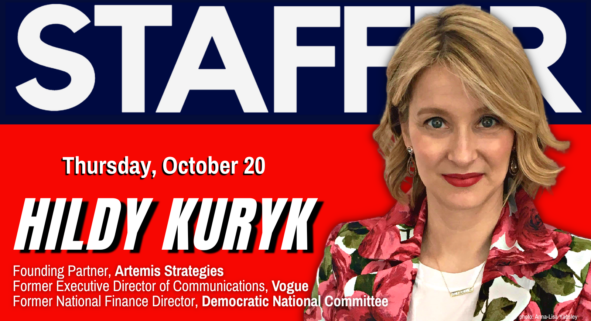 Hildy Kuryk in front of red and blue STAFFER background with title