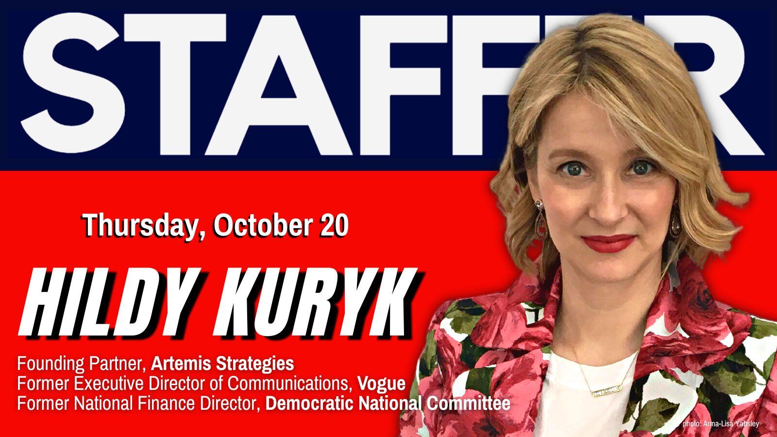 Hildy Kuryk in front of red and blue STAFFER background with title